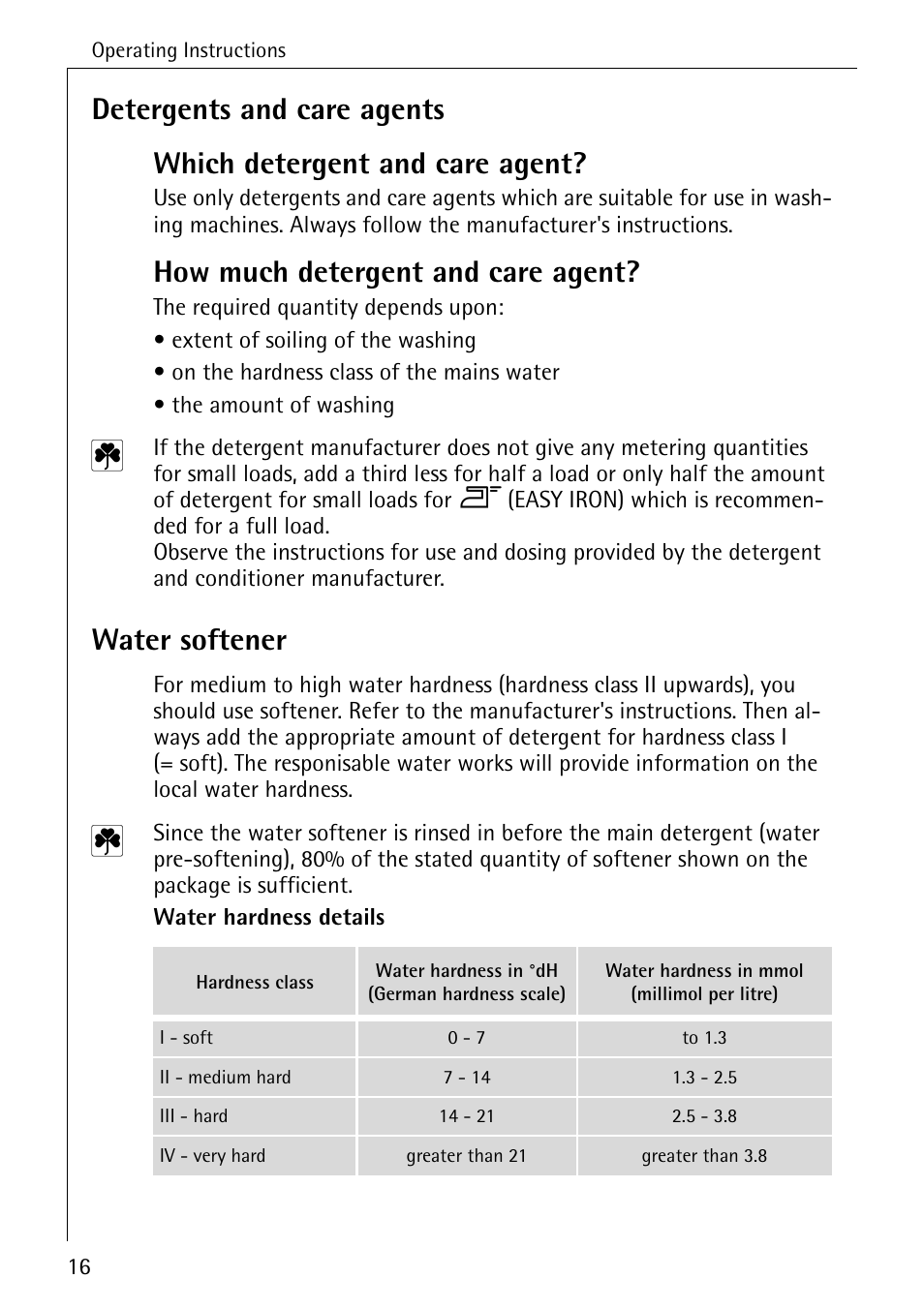 How much detergent and care agent, Water softener | AEG OKO-LAVAMAT 70330 User Manual | Page 16 / 52