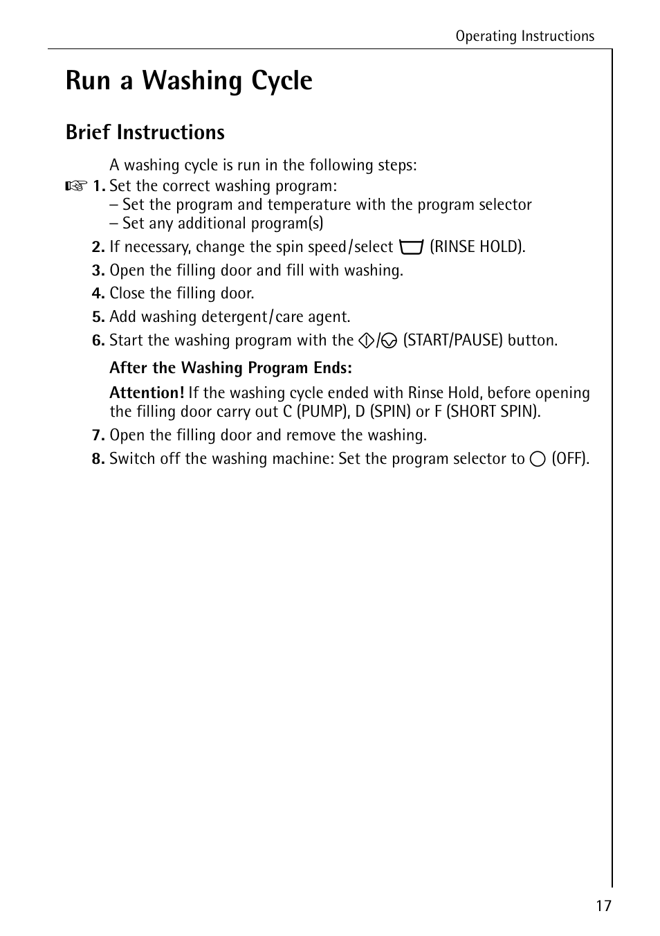 Run a washing cycle, Brief instructions | AEG OKO-LAVAMAT 70330 User Manual | Page 17 / 52