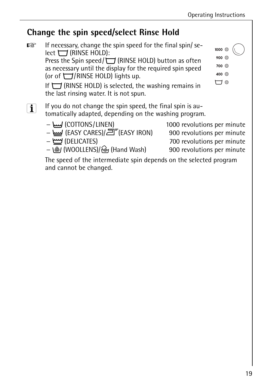 Change the spin speed/select rinse hold | AEG OKO-LAVAMAT 70330 User Manual | Page 19 / 52