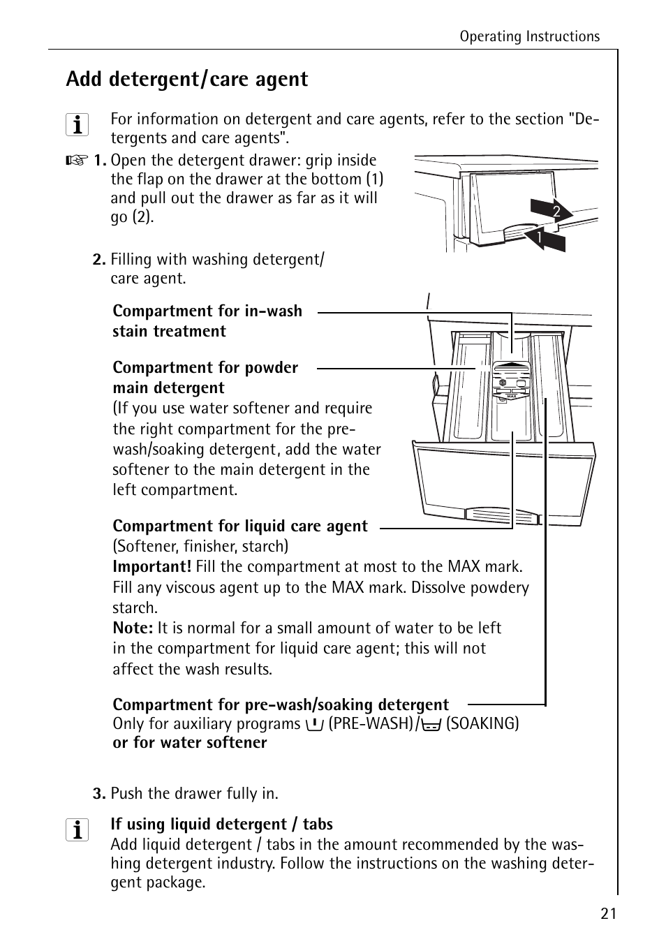 Add detergent/care agent | AEG OKO-LAVAMAT 70330 User Manual | Page 21 / 52