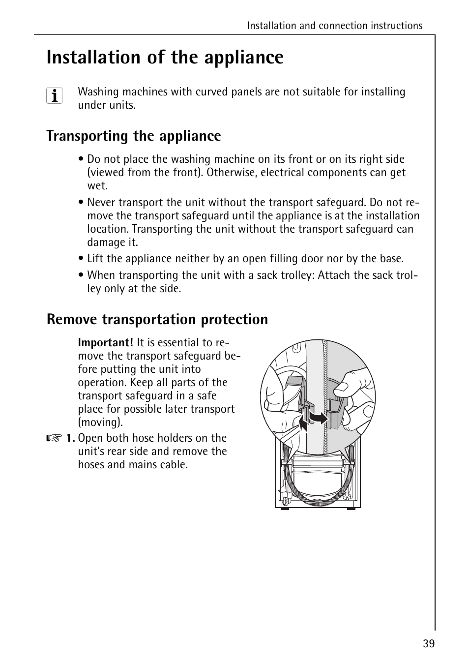 Installation of the appliance, Transporting the appliance, Remove transportation protection | AEG OKO-LAVAMAT 70330 User Manual | Page 39 / 52