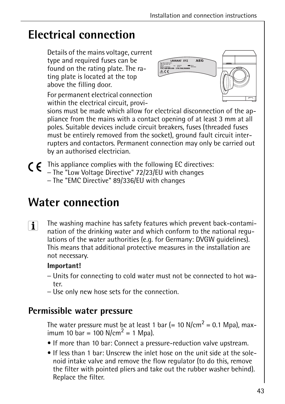 Electrical connection, Water connection, Permissible water pressure | AEG OKO-LAVAMAT 70330 User Manual | Page 43 / 52