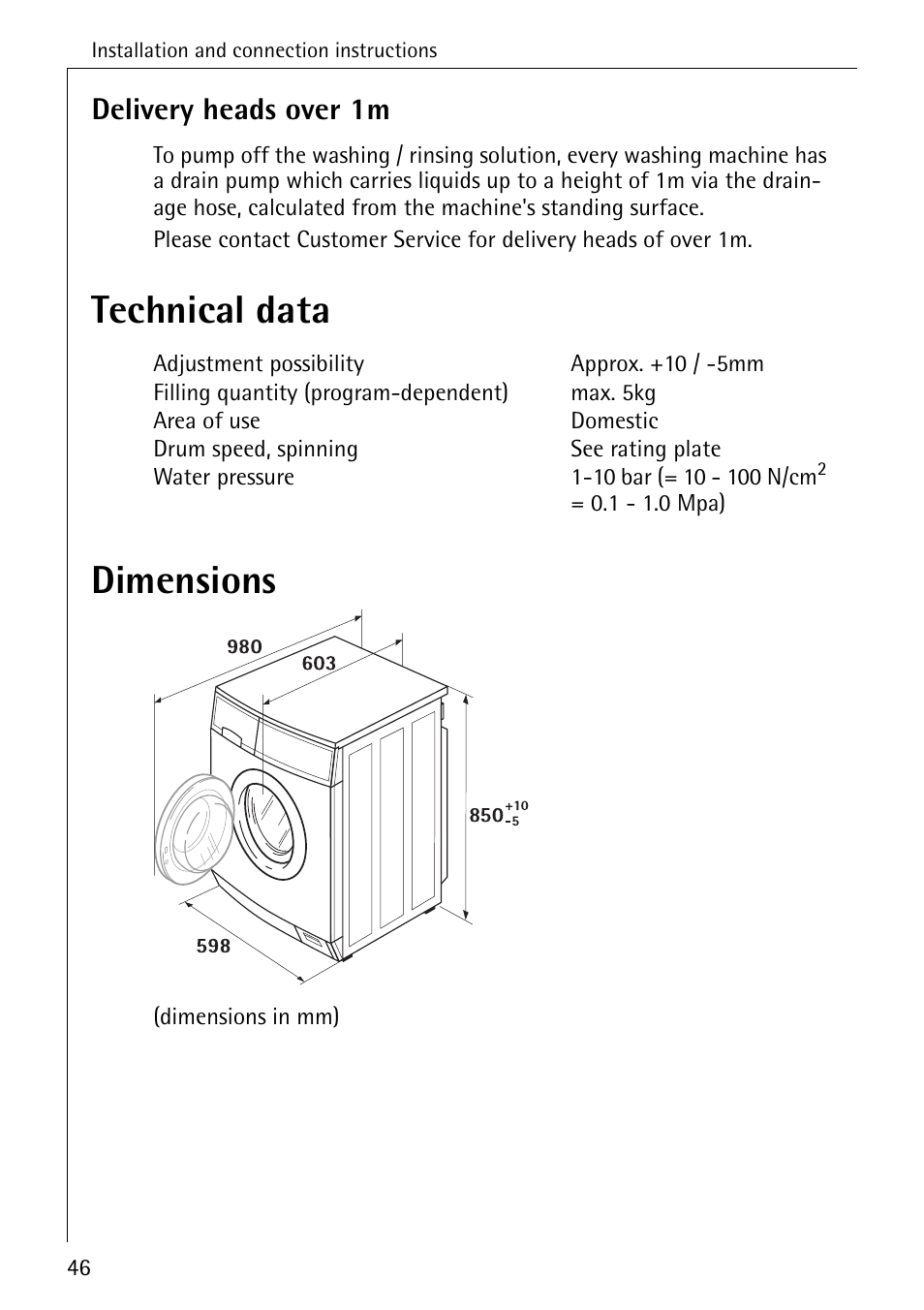 Technical data dimensions, Delivery heads over 1m | AEG OKO-LAVAMAT 70330 User Manual | Page 46 / 52