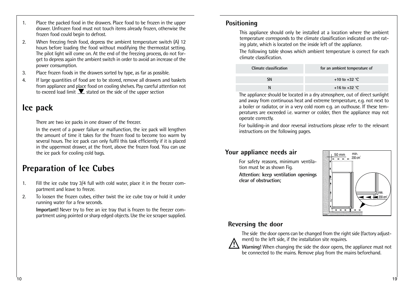 Ice pack, Preparation of ice cubes, Positioning | Your appliance needs air, Reversing the door | AEG SANTO C 7 18 41 I User Manual | Page 10 / 14