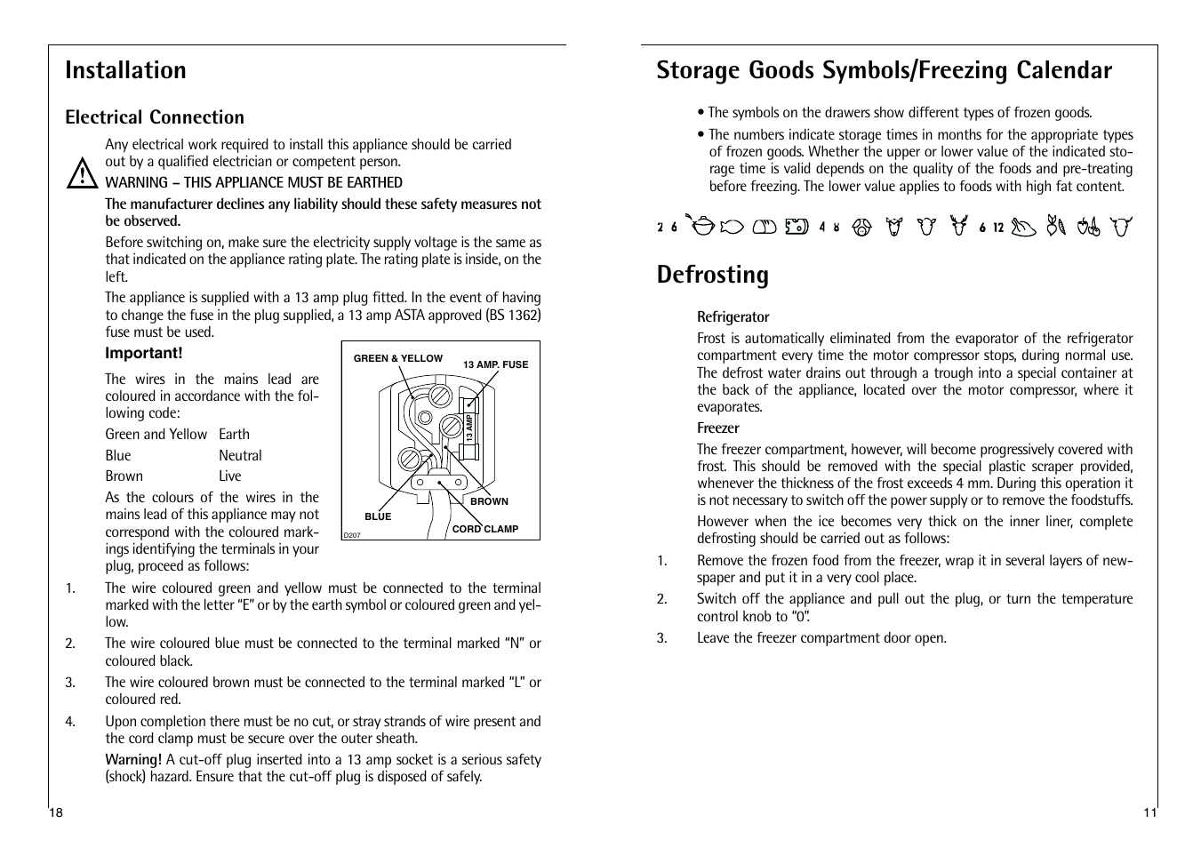 Storage goods symbols/freezing calendar, Defrosting, Installation | Electrical connection | AEG SANTO C 7 18 41 I User Manual | Page 11 / 14