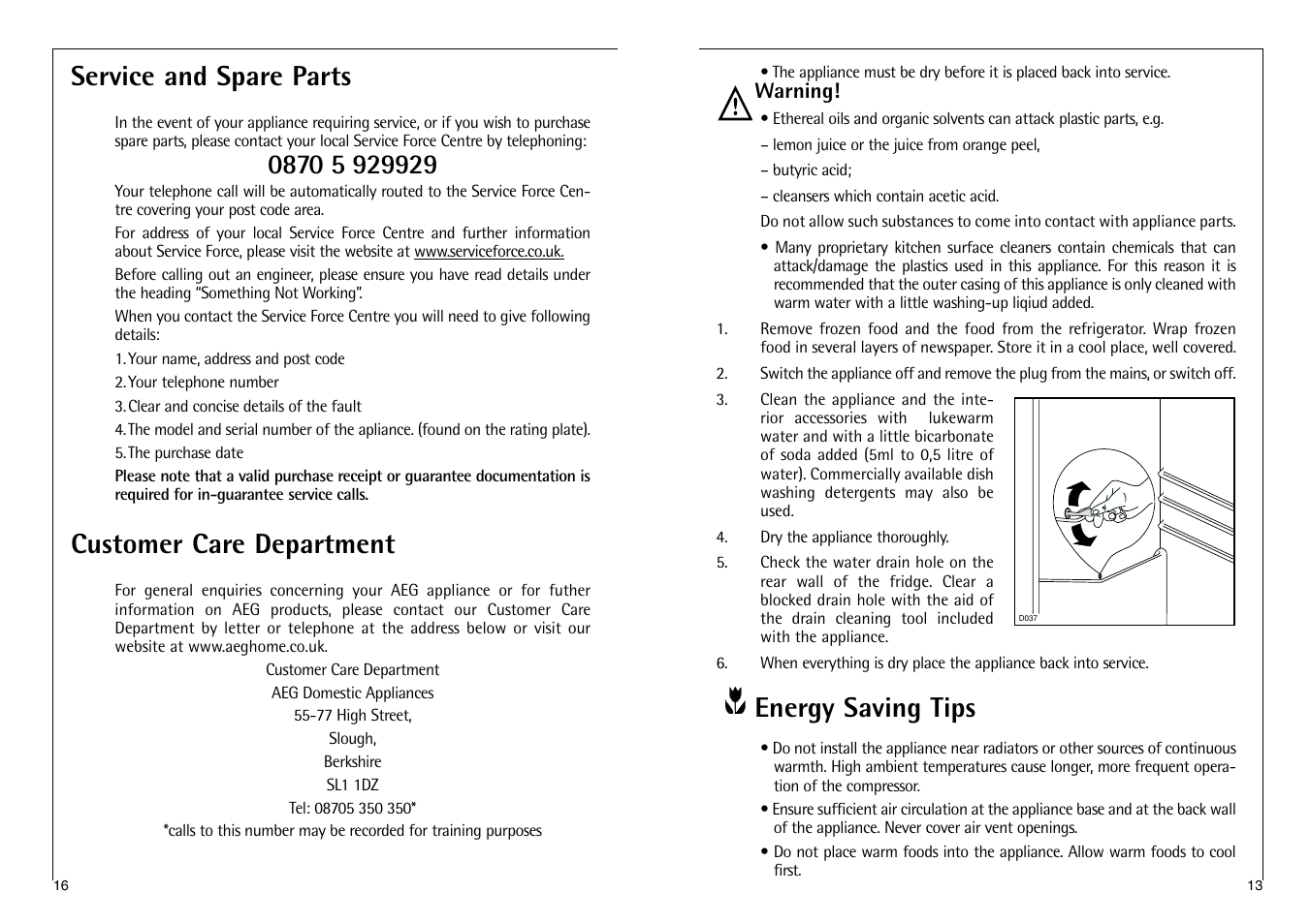 Energy saving tips, Service and spare parts, Customer care department | AEG SANTO C 7 18 41 I User Manual | Page 13 / 14
