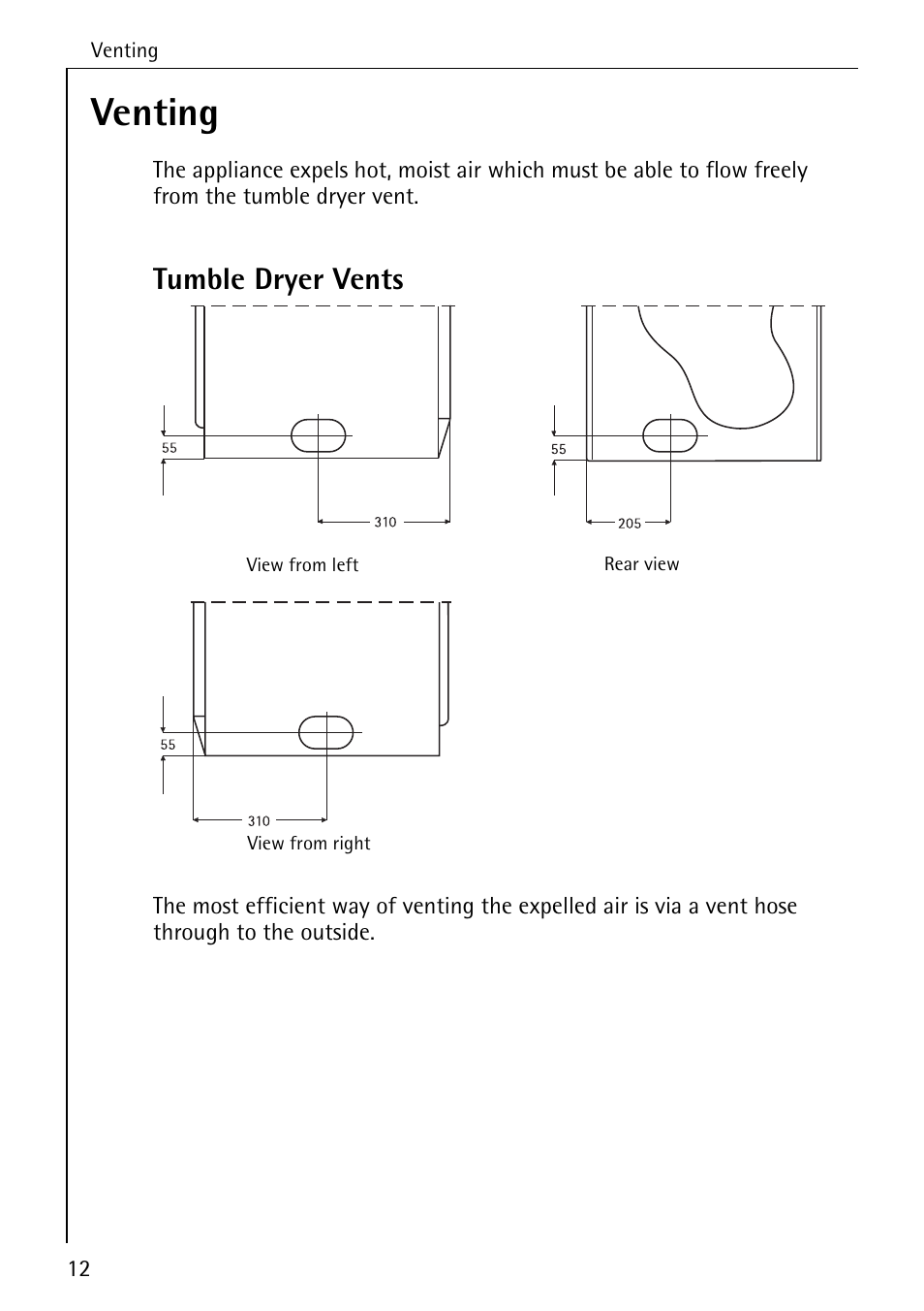 Venting, Tumble dryer vents | AEG LAVATHERM 35600 User Manual | Page 12 / 40
