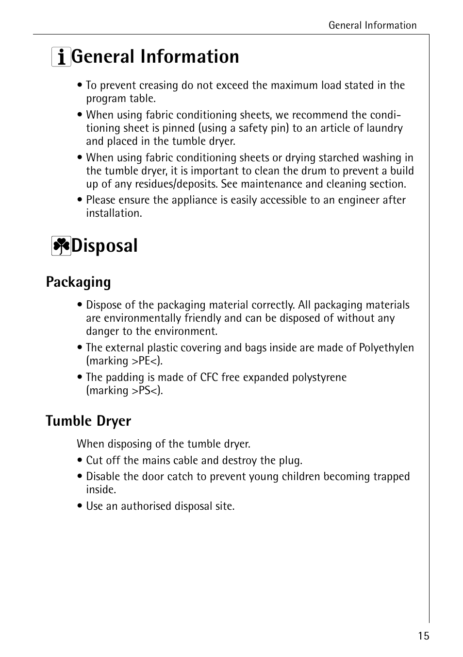 3 general information, 2 disposal, Packaging | Tumble dryer | AEG LAVATHERM 35600 User Manual | Page 15 / 40