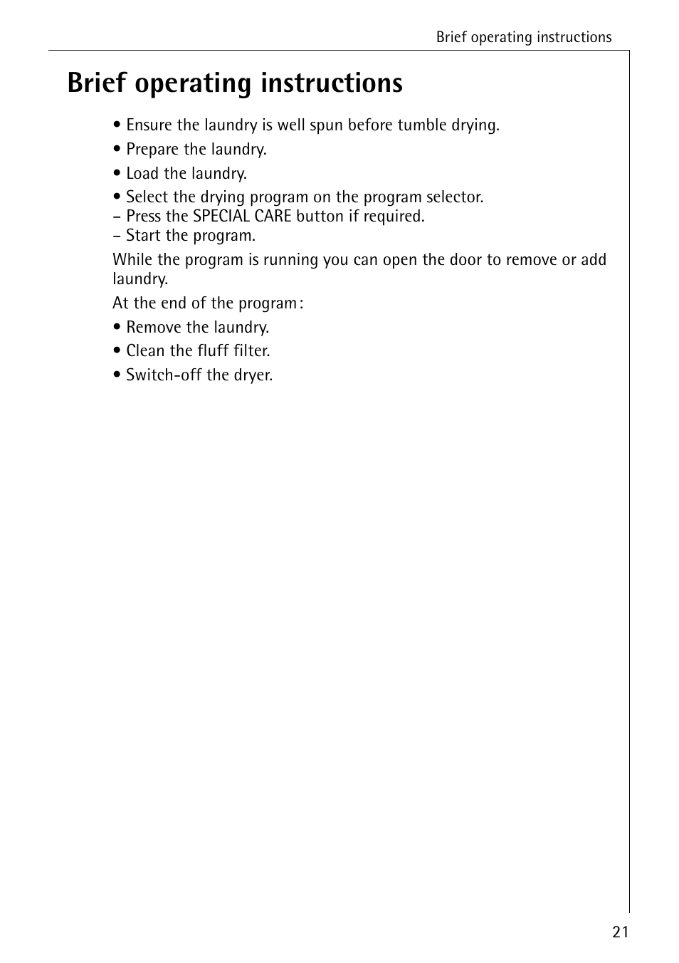 Brief operating instructions | AEG LAVATHERM 35600 User Manual | Page 21 / 40