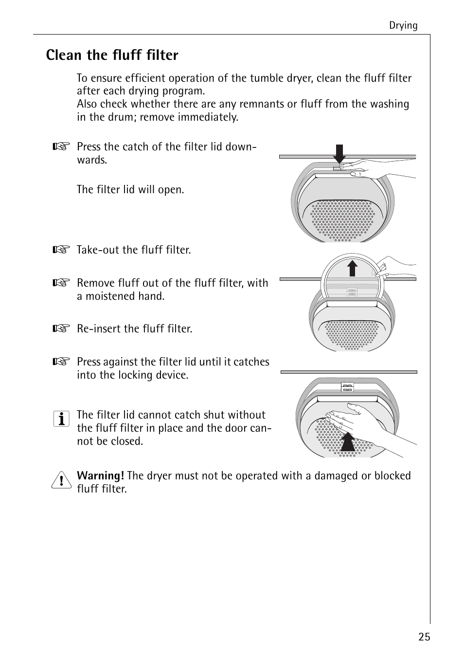 Clean the fluff filter | AEG LAVATHERM 35600 User Manual | Page 25 / 40