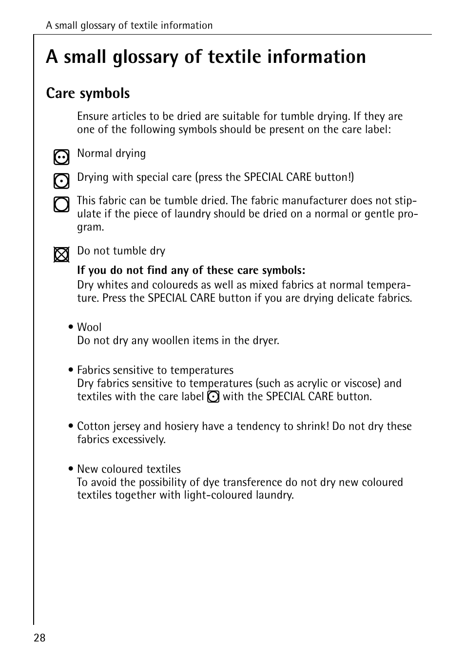 A small glossary of textile information, Care symbols | AEG LAVATHERM 35600 User Manual | Page 28 / 40