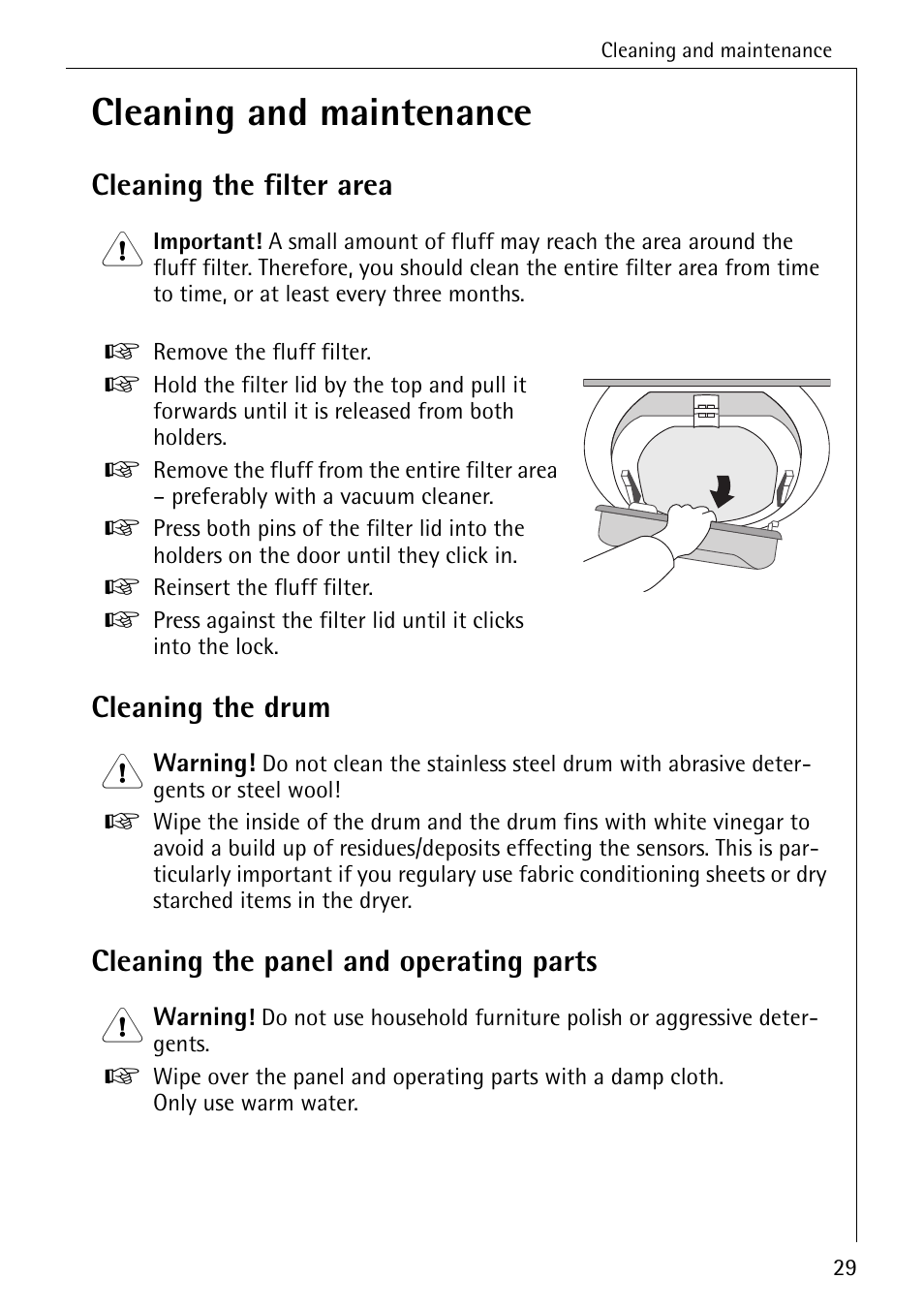 Cleaning and maintenance, Cleaning the filter area, Cleaning the drum | Cleaning the panel and operating parts | AEG LAVATHERM 35600 User Manual | Page 29 / 40