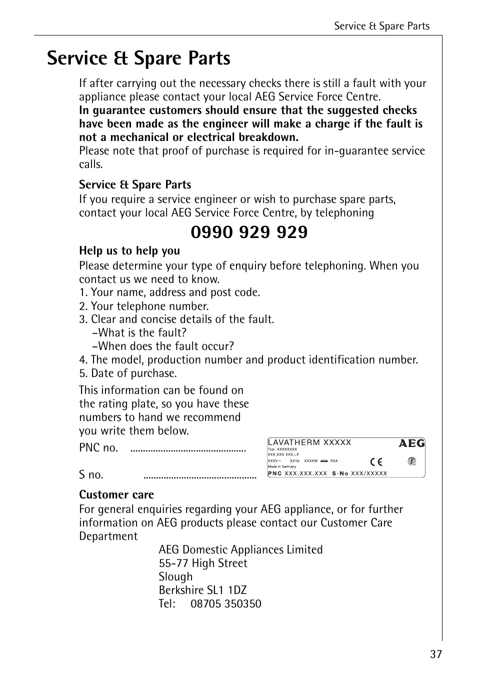 Service & spare parts | AEG LAVATHERM 35600 User Manual | Page 37 / 40