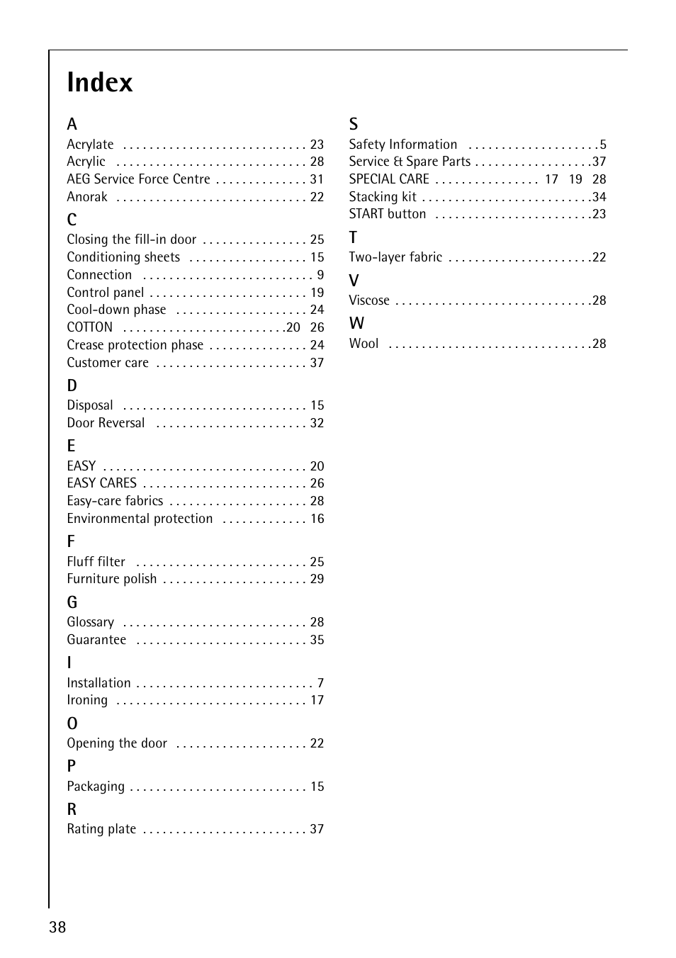 Index | AEG LAVATHERM 35600 User Manual | Page 38 / 40