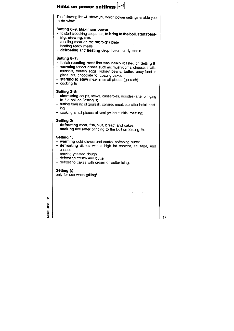 Setting 8-9: maximum power, Setting 3-5, Setting 2 | Setting 1, Setting (:), Hints on power settings | AEG MICROMAT DUO 220 User Manual | Page 17 / 29