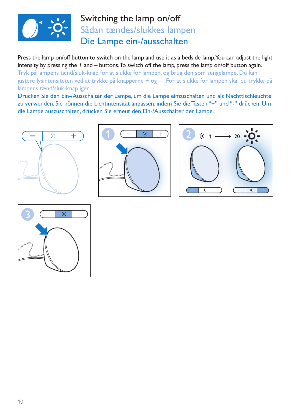 Lamp on/off button, Tænd/sluk-knap til lampe, Ein-/ausschalter für die lampe | Philips Wake-up Light User Manual | Page 10 / 72