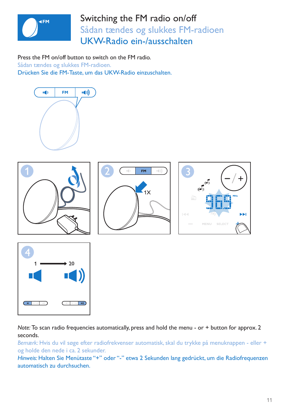 Radio on/off button, Tænd/sluk-knap til radio, Ein-/ausschalter für das radio | Philips Wake-up Light User Manual | Page 11 / 72