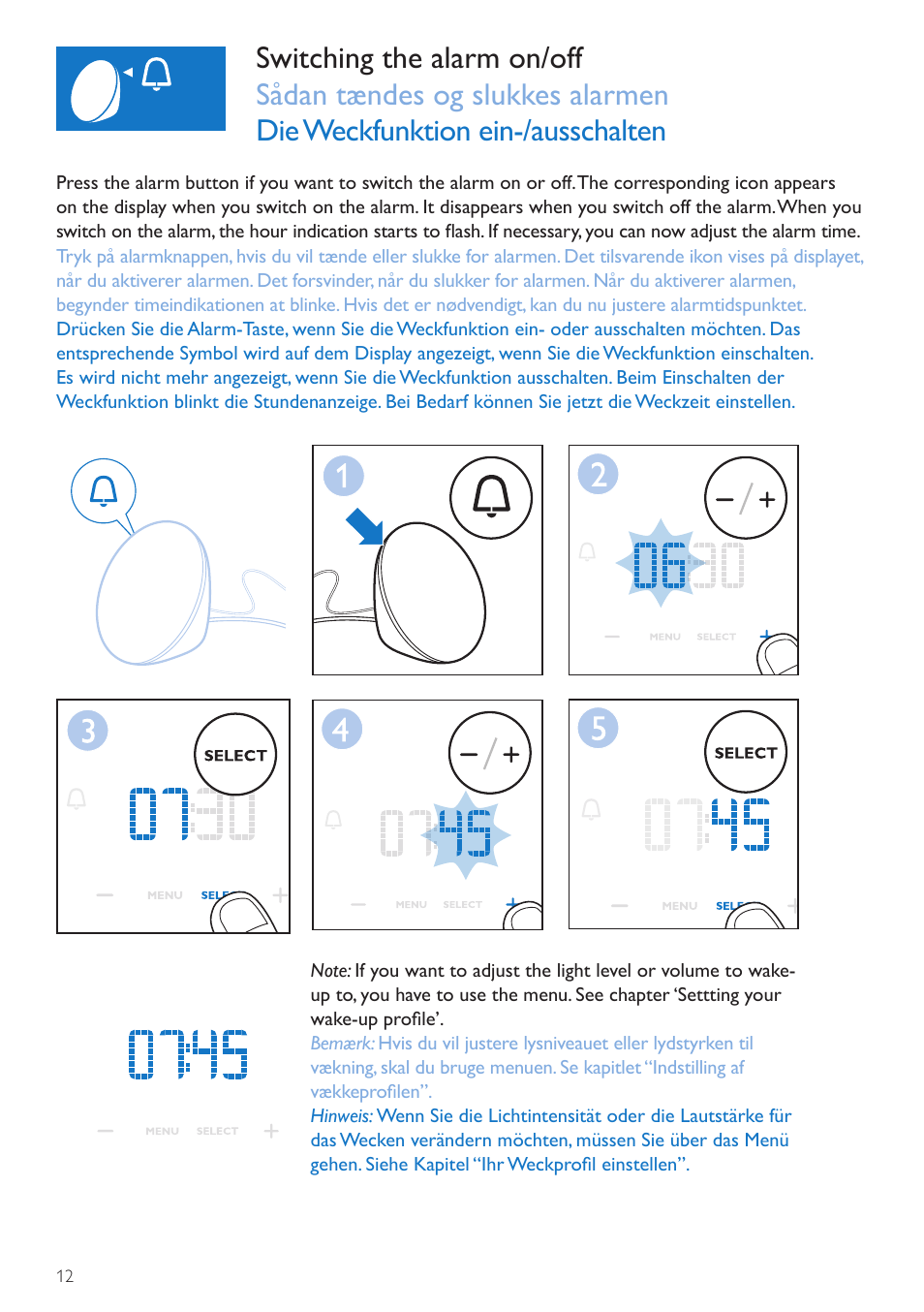 Alarm on/off button, Tænd/sluk-knap til alarm, Ein-/ausschalter für die | Weckfunktion | Philips Wake-up Light User Manual | Page 12 / 72