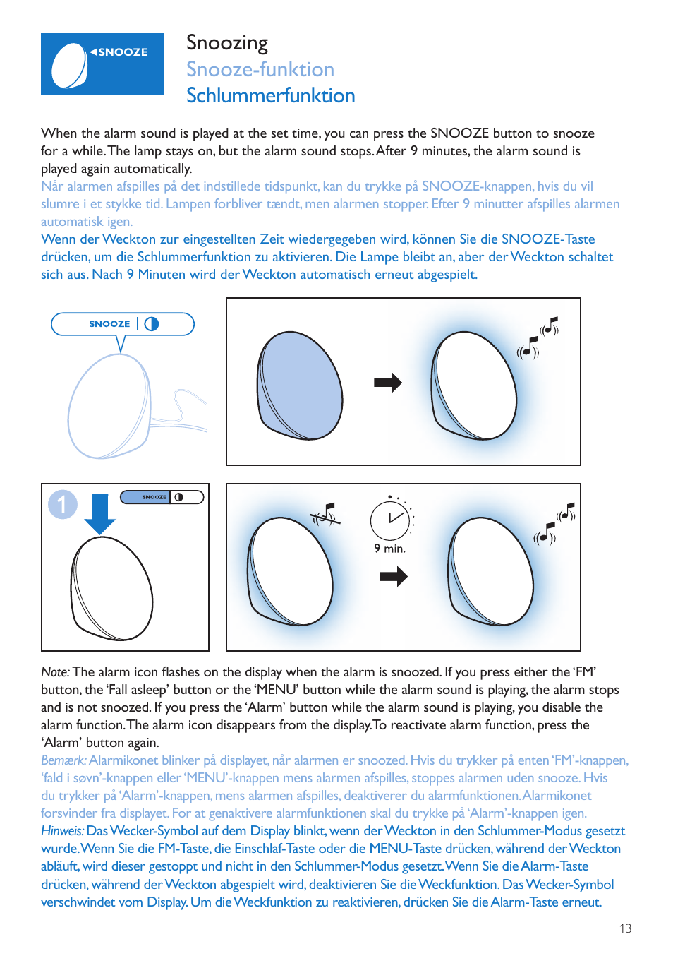 Snooze, Slumre, Schlummerfunktion | Snoozing snooze-funktion schlummerfunktion | Philips Wake-up Light User Manual | Page 13 / 72