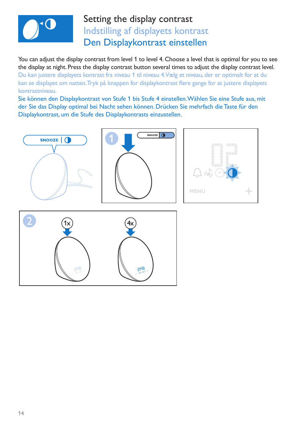 Display contrast, Display-kontrast, Displaykontrast | Philips Wake-up Light User Manual | Page 14 / 72