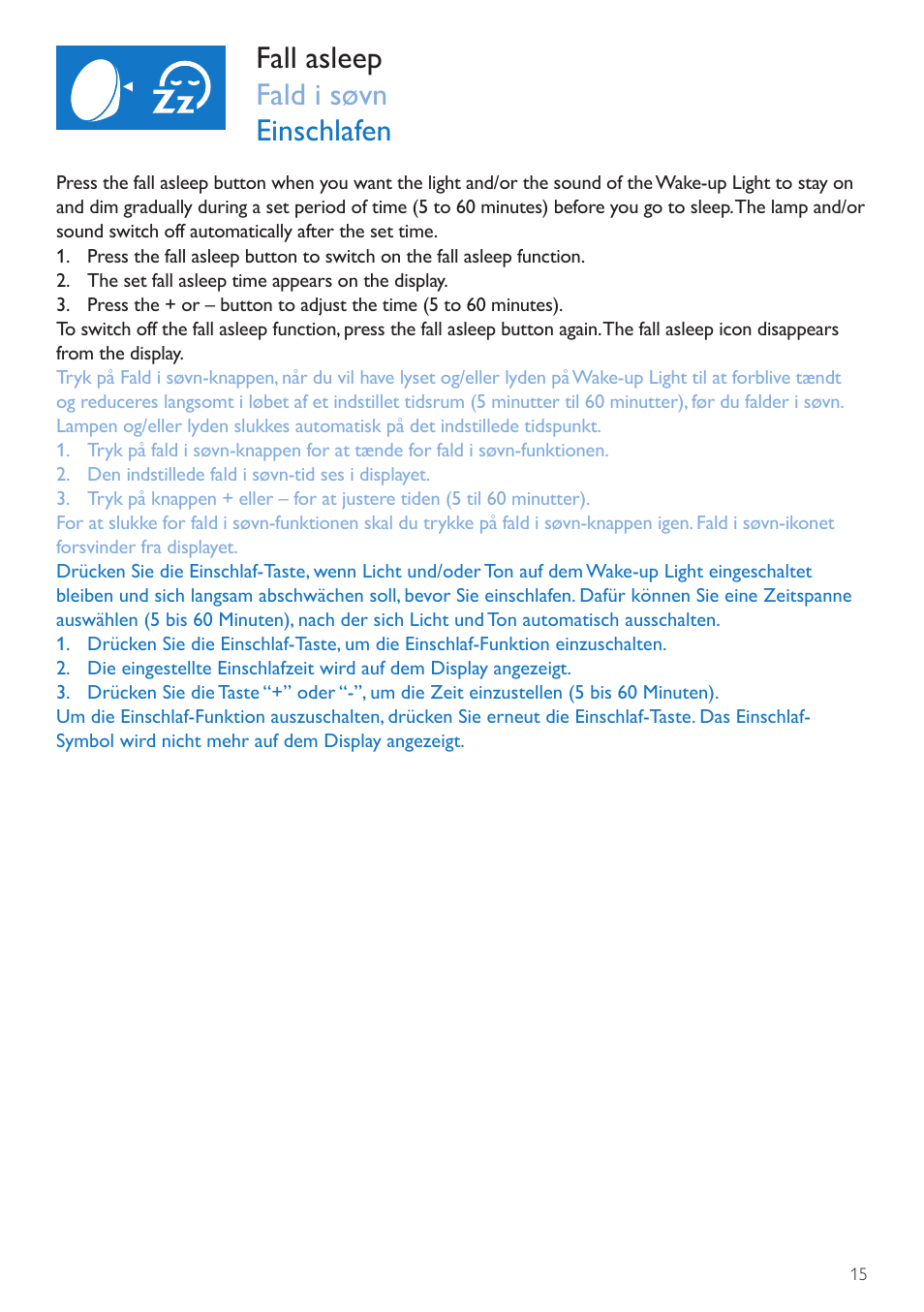 Fall asleep button, Fald i søvn-knap, Einschlaf-taste | Fall asleep fald i søvn einschlafen | Philips Wake-up Light User Manual | Page 15 / 72