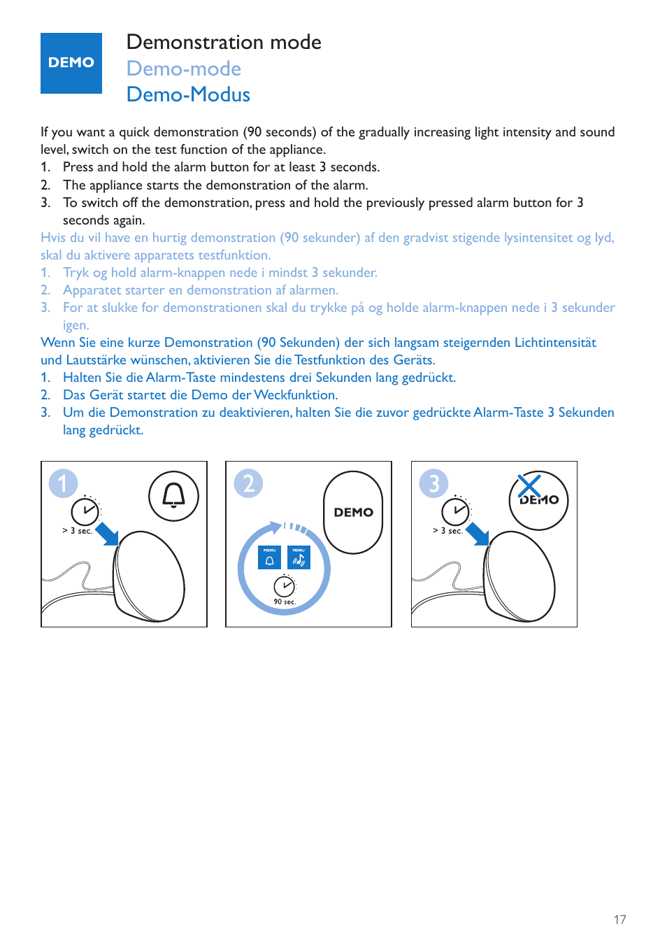 Demo mode, Demo-tilstand, Demomodus | Demonstration mode demo-mode demo-modus | Philips Wake-up Light User Manual | Page 17 / 72