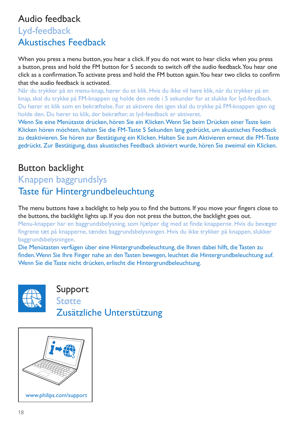 Support, Støtte, Unterstützung | Audio feedback lyd-feedback akustisches feedback, Support støtte zusätzliche unterstützung | Philips Wake-up Light User Manual | Page 18 / 72