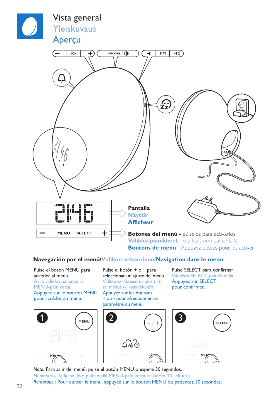 Vista general, Yleiskuvaus, Aperçu | Vista general yleiskuvaus aperçu | Philips Wake-up Light User Manual | Page 22 / 72