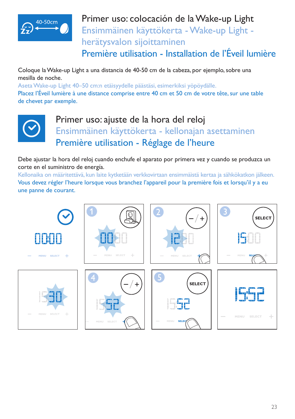 Hora del reloj, Kellonaika, Heure (horloge) | Philips Wake-up Light User Manual | Page 23 / 72