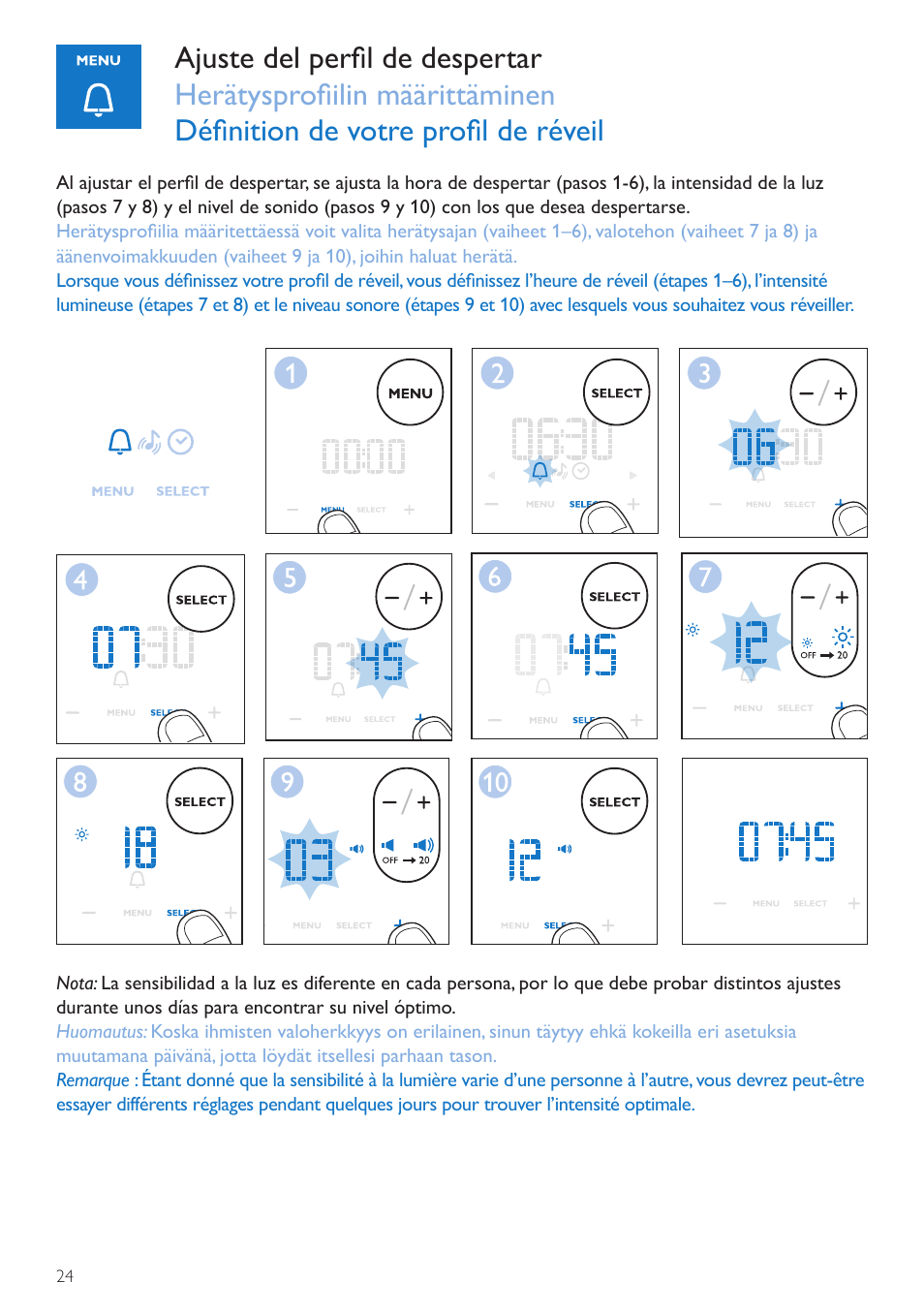 Perfil de despertar, Herätysprofiili | Philips Wake-up Light User Manual | Page 24 / 72