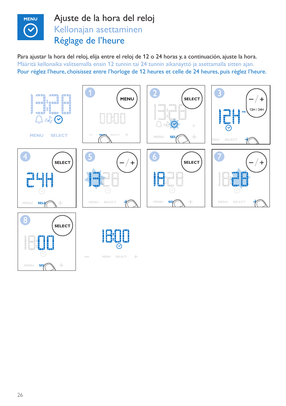 Ajuste de la hora del reloj, Kellonajan asettaminen | Philips Wake-up Light User Manual | Page 26 / 72