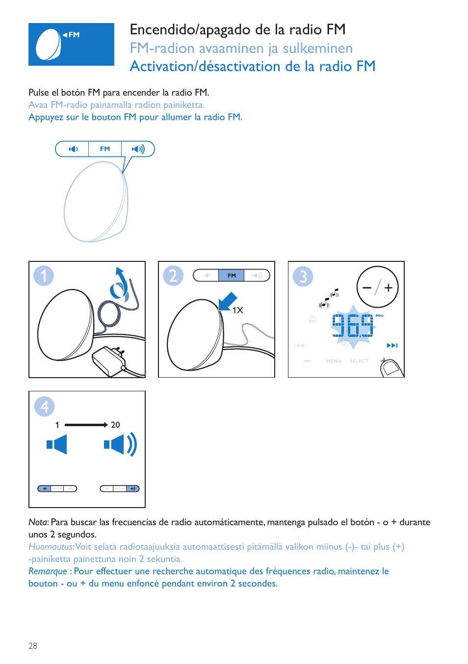 Botón de encendido, Apagado de la radio, Radion painike | Bouton d’activation, Désactivation de la radio | Philips Wake-up Light User Manual | Page 28 / 72