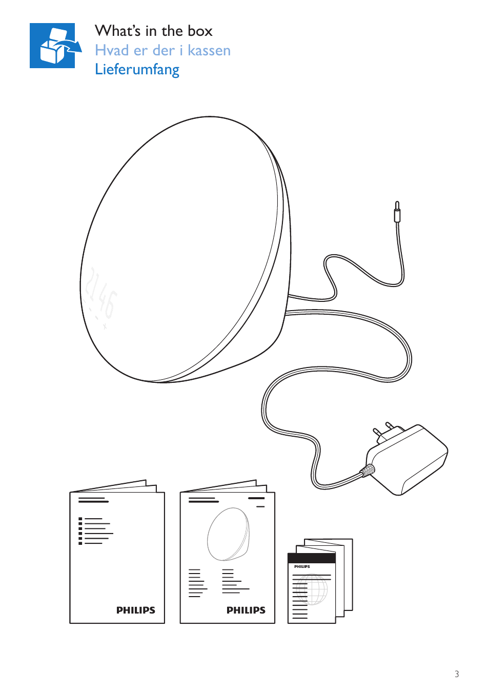 What’s in the box, Hvad følger med, Verpackungsinhalt | Philips Wake-up Light User Manual | Page 3 / 72