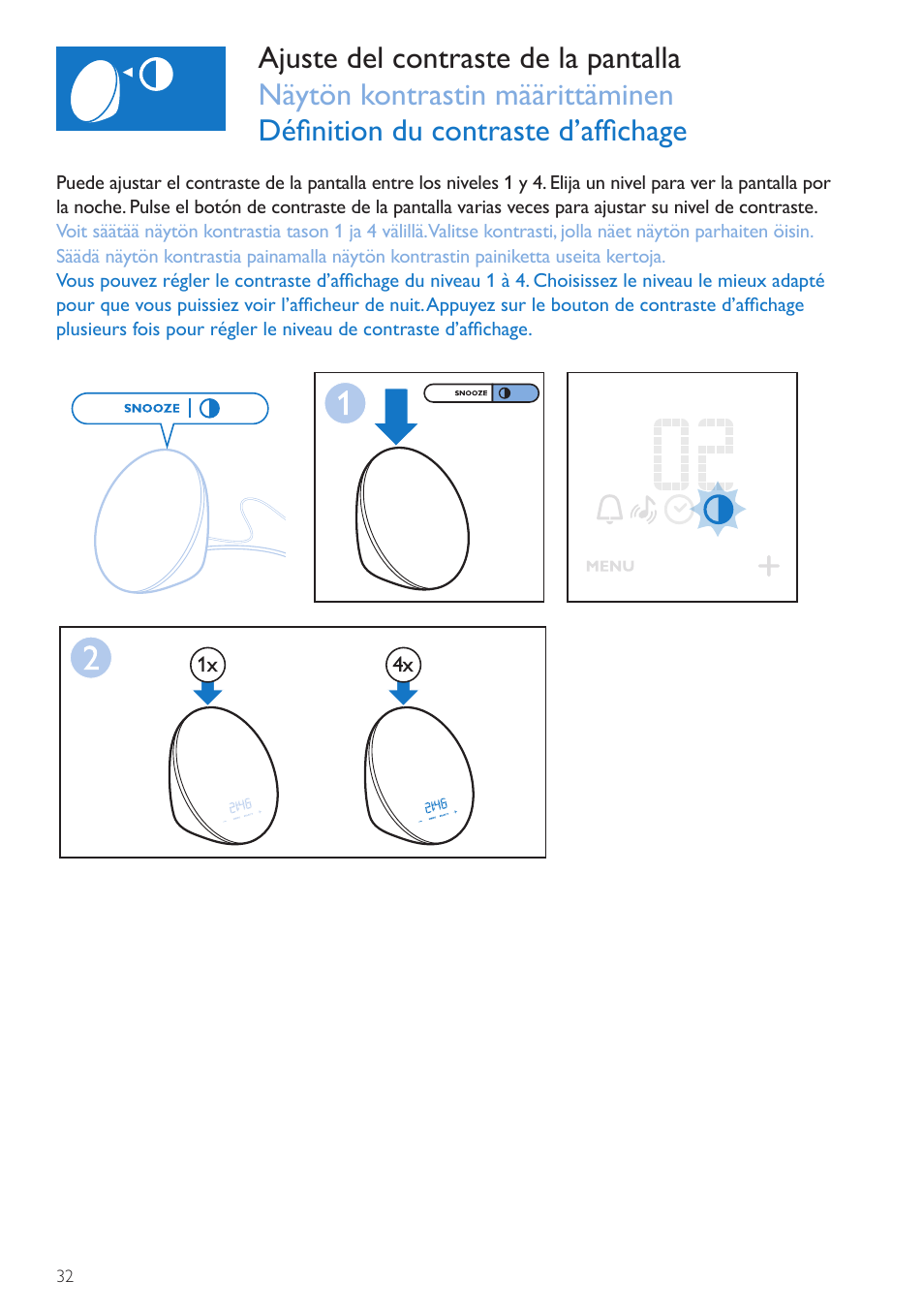 Contraste de la pantalla, Näytön kontrasti | Philips Wake-up Light User Manual | Page 32 / 72