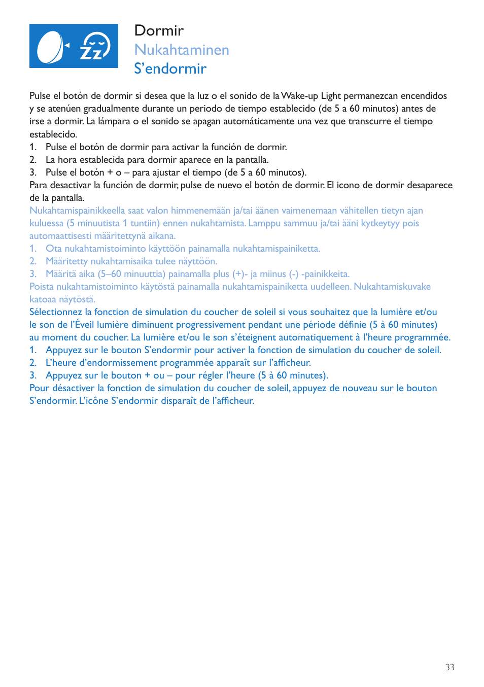 Botón de dormir, Nukahtamispainike, Bouton s’endormir | Dormir nukahtaminen s’endormir | Philips Wake-up Light User Manual | Page 33 / 72