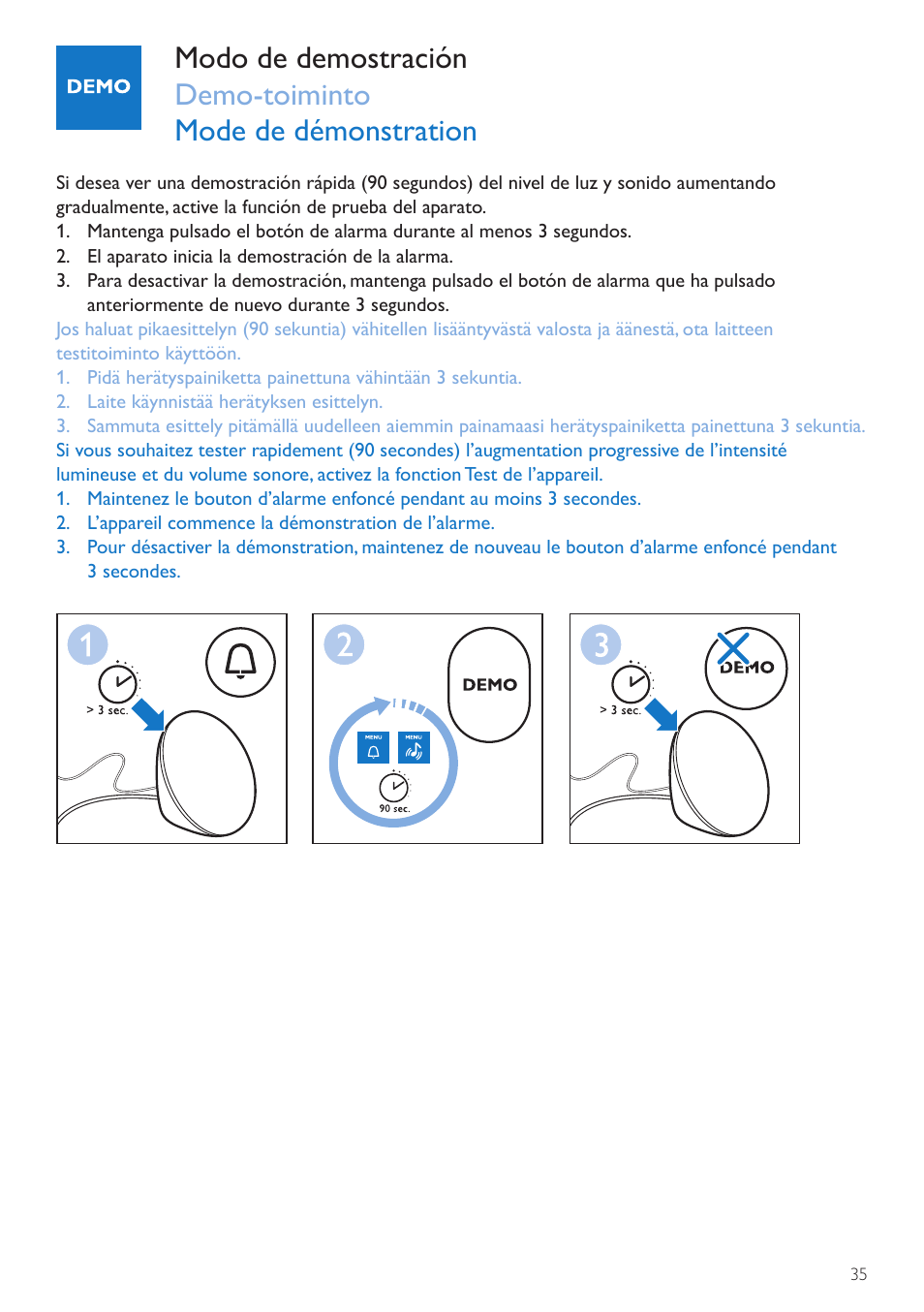 Modo demo, Esittelytila, Mode démo | Philips Wake-up Light User Manual | Page 35 / 72