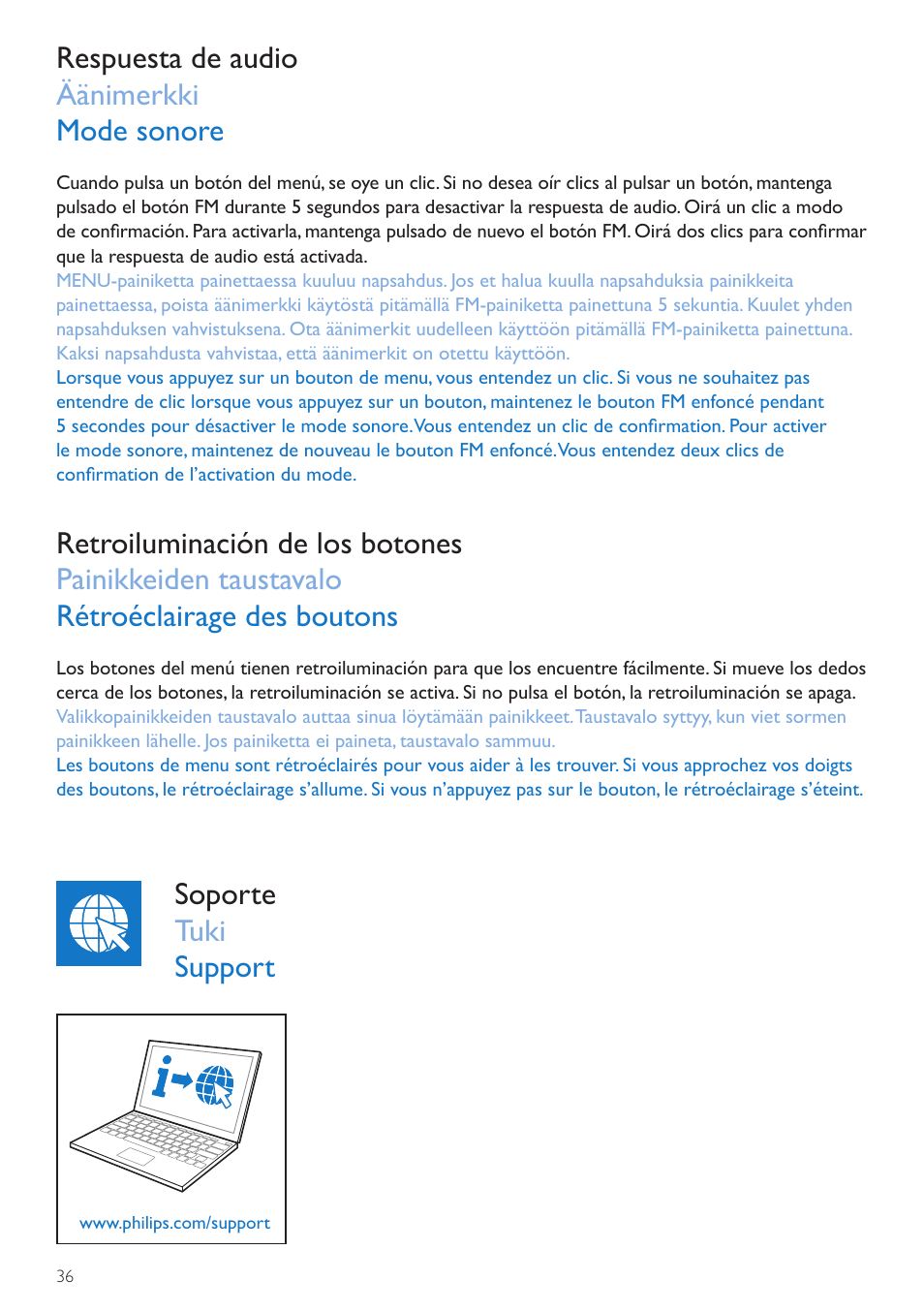 Soporte, Tuki, Support | Respuesta de audio äänimerkki mode sonore, Soporte tuki support | Philips Wake-up Light User Manual | Page 36 / 72