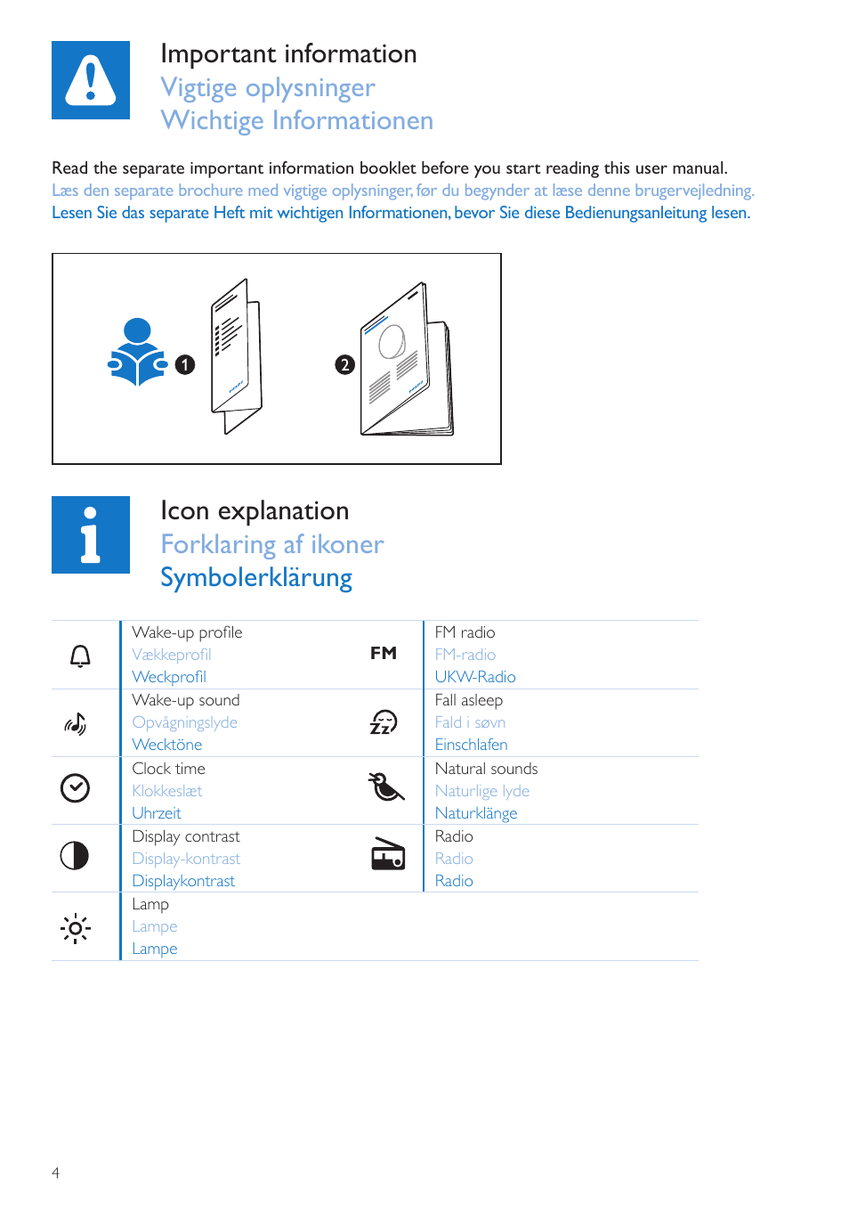 Important, Vigtigt, Wichtig | Icon explanation, Forklaring af ikoner, Symbolerklärung | Philips Wake-up Light User Manual | Page 4 / 72