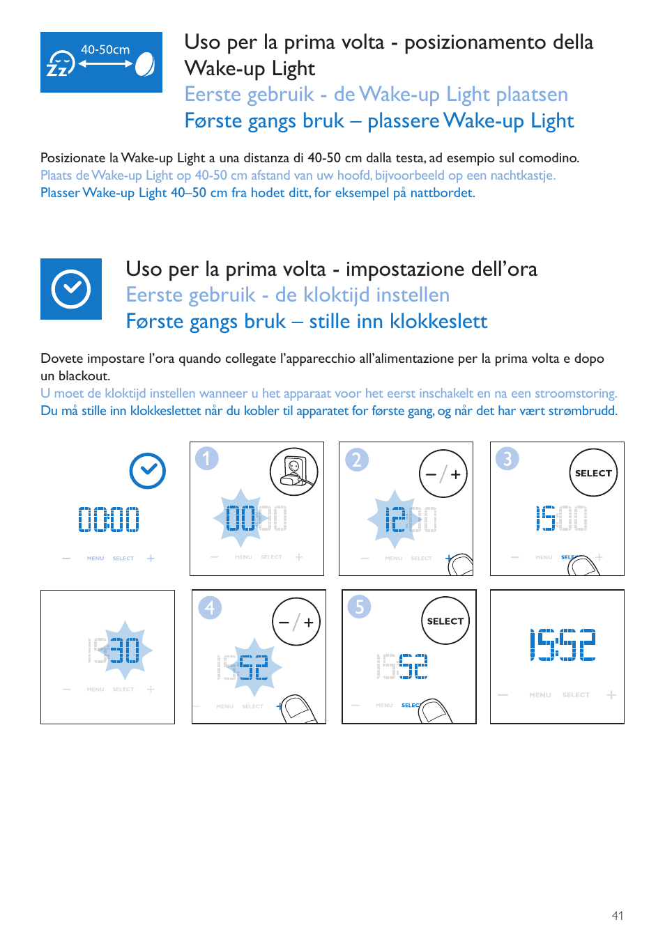 Kloktijd, Klokkeslett | Philips Wake-up Light User Manual | Page 41 / 72