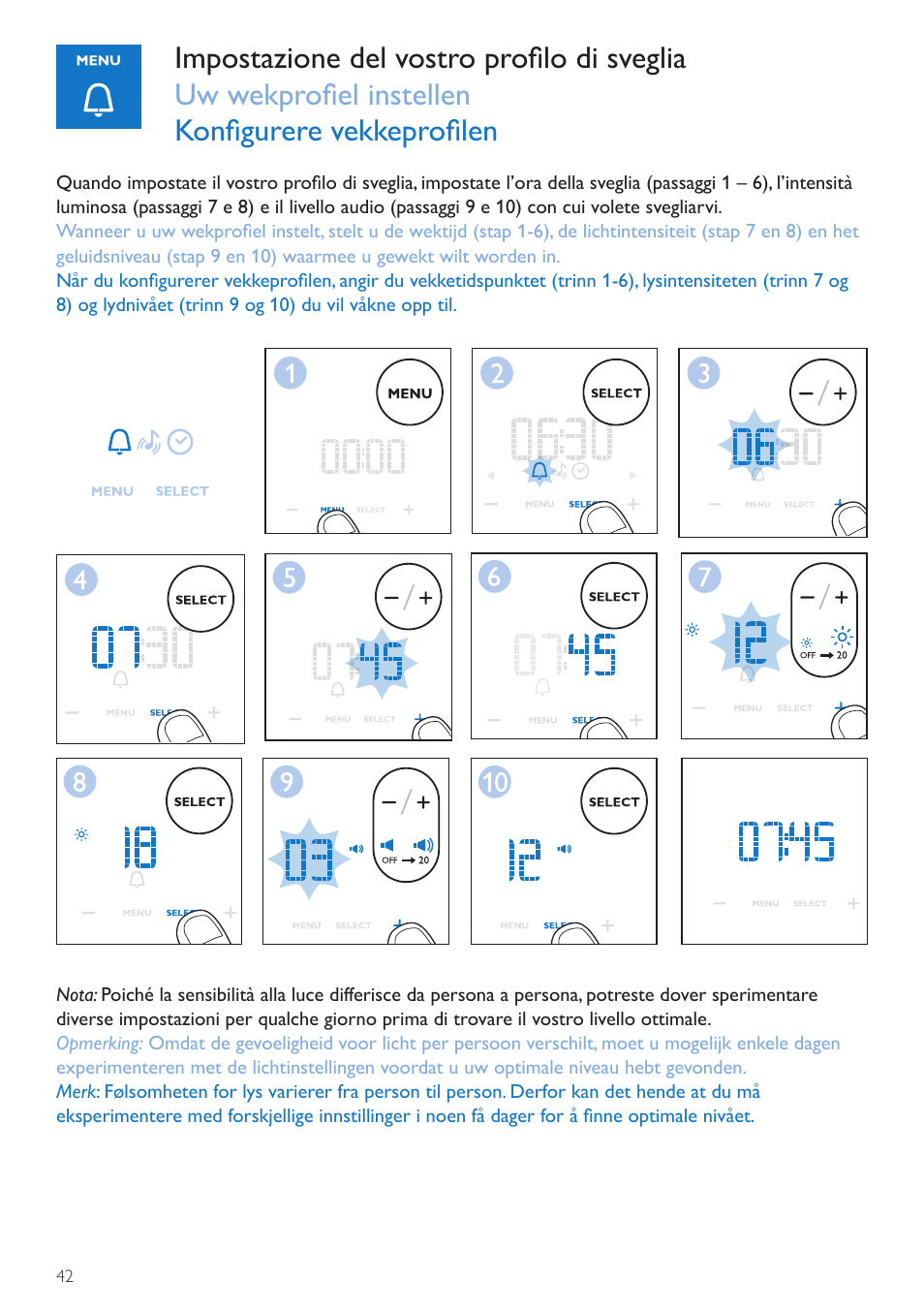 Profilo sveglia, Wekprofiel, Vekkeprofil | Philips Wake-up Light User Manual | Page 42 / 72