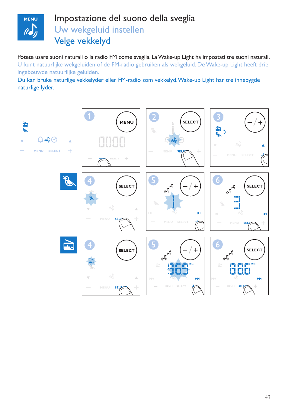 Allarme sveglia, Wekgeluid, Oppvåkningslyd | Philips Wake-up Light User Manual | Page 43 / 72