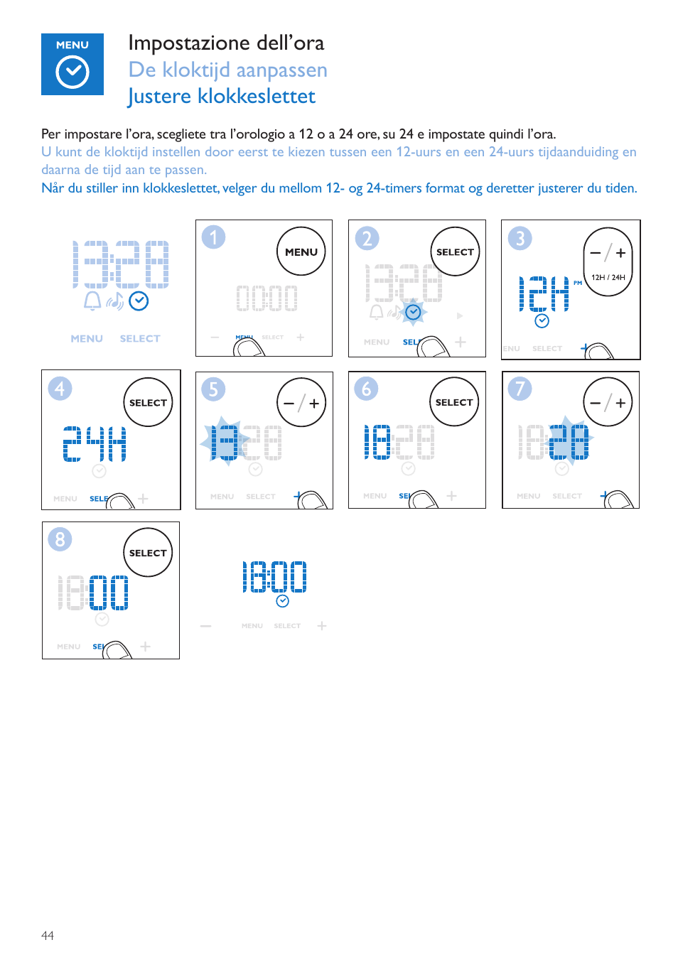 Impostazione dell’ora, Kloktijd instellen, Angi klokkeslett | Philips Wake-up Light User Manual | Page 44 / 72