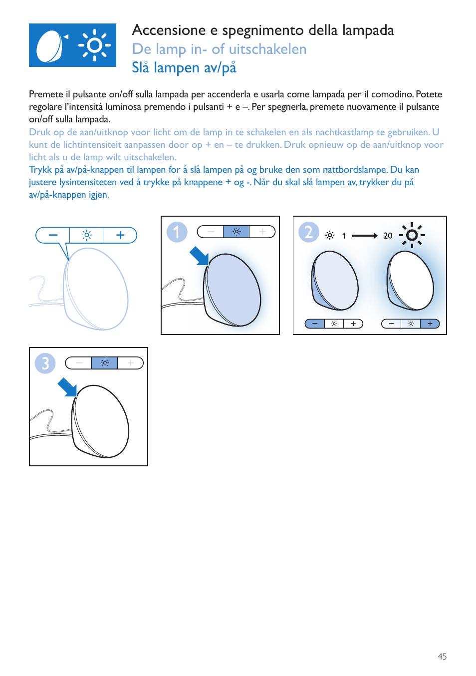 Pulsante on/off della lampada, Aan/uitknop voor licht, Av/på-knapp for lampe | Philips Wake-up Light User Manual | Page 45 / 72