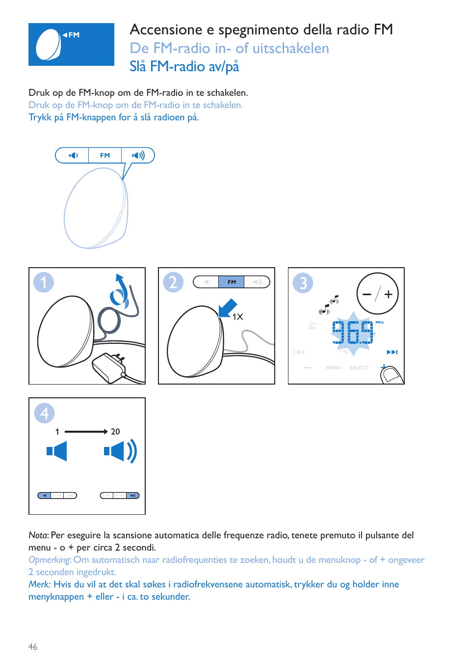 Pulsante on/off della radio, Aan/uitknop voor radio, Av/på-knapp for radio | Philips Wake-up Light User Manual | Page 46 / 72