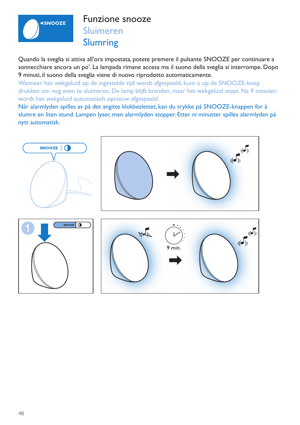 Snooze, Sluimeren, Funzione snooze sluimeren slumring | Philips Wake-up Light User Manual | Page 48 / 72