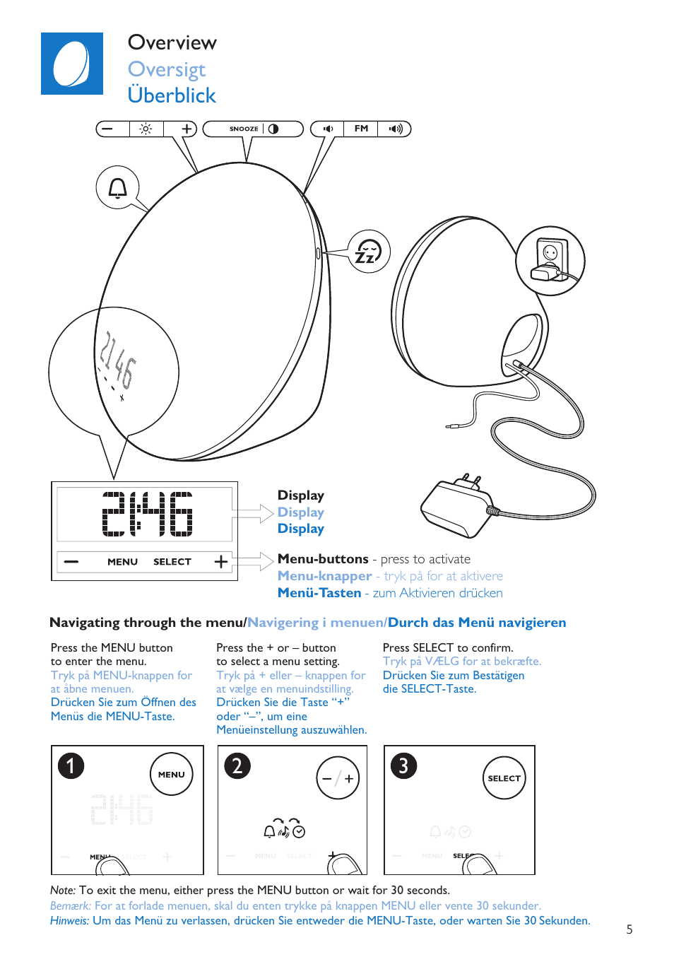 Overview, Oversigt, Überblick | Overview oversigt überblick | Philips Wake-up Light User Manual | Page 5 / 72