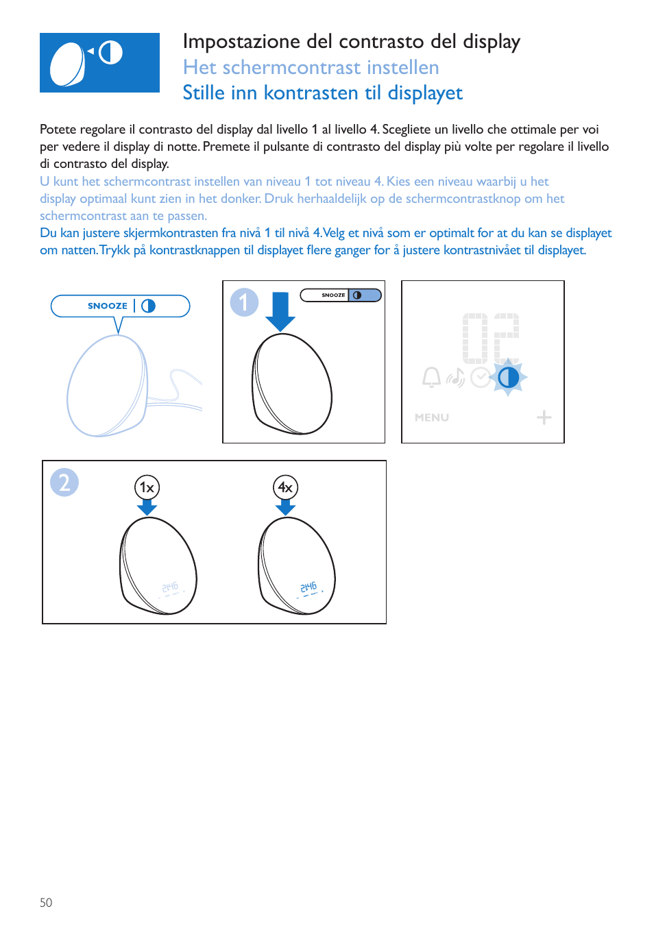 Contrasto del display, Schermcontrast, Skjermkontrast | Philips Wake-up Light User Manual | Page 50 / 72