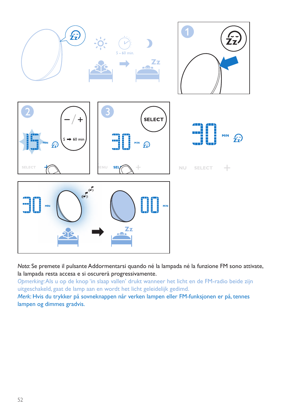 Pulsante addormentarsi, Knop ‘in slaap vallen, Knapp for å sovne | Philips Wake-up Light User Manual | Page 52 / 72