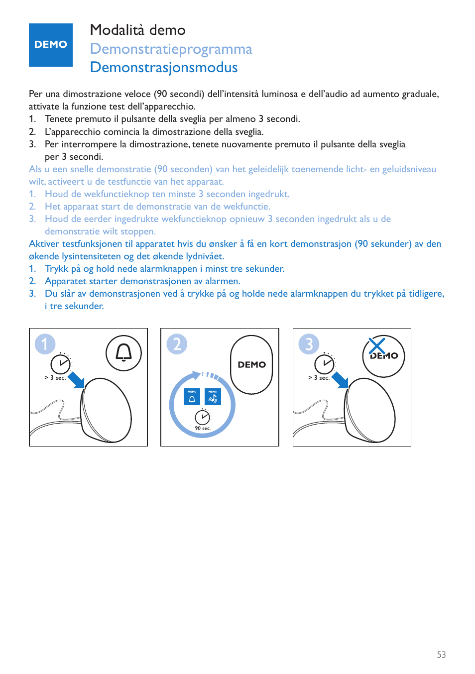 Modalità demo, Demomodus, Demo-modus | Philips Wake-up Light User Manual | Page 53 / 72