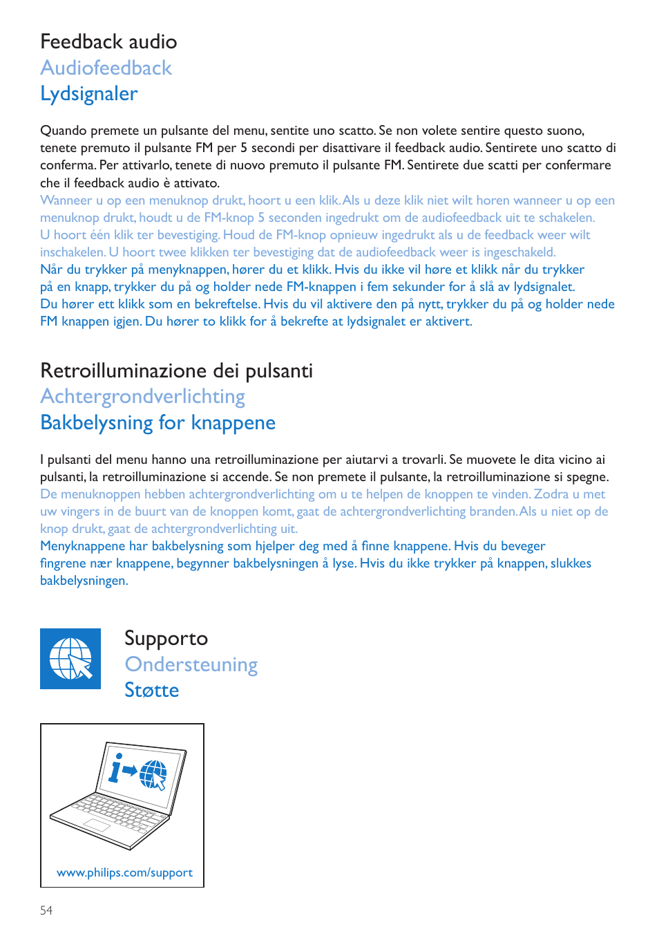 Supporto, Steun, Støtte | Feedback audio audiofeedback lydsignaler, Supporto ondersteuning støtte | Philips Wake-up Light User Manual | Page 54 / 72